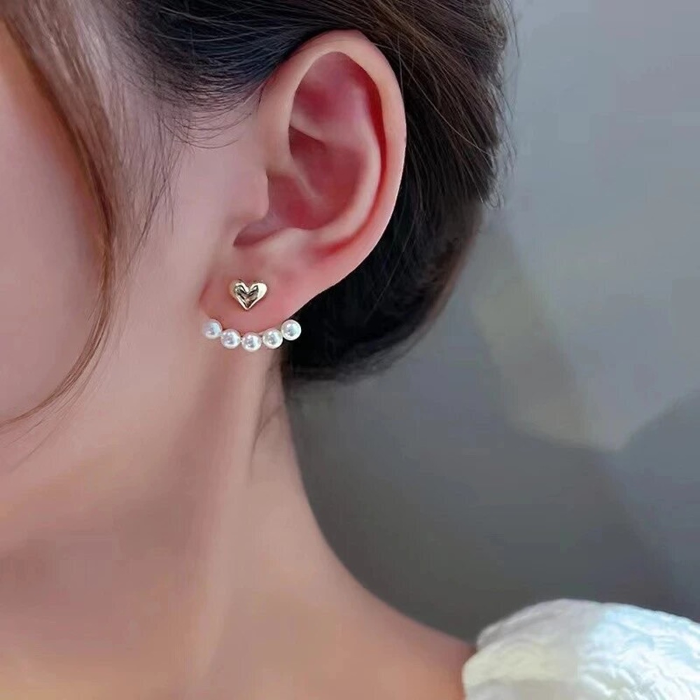 "I'm Yours" Pearl Gold Heart Minimalist Tiny Small Dainty Gift Climber Earring - Picture 3 of 6